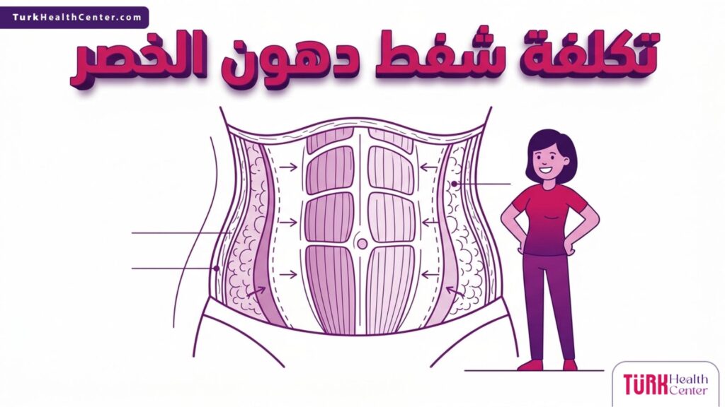 إنفوجرافيك تشريحي دقيق يوضح طبقات الدهون والعضلات المتعلقة بإجراءات وتفاصيل تكلفة شفط دهون الخصر.