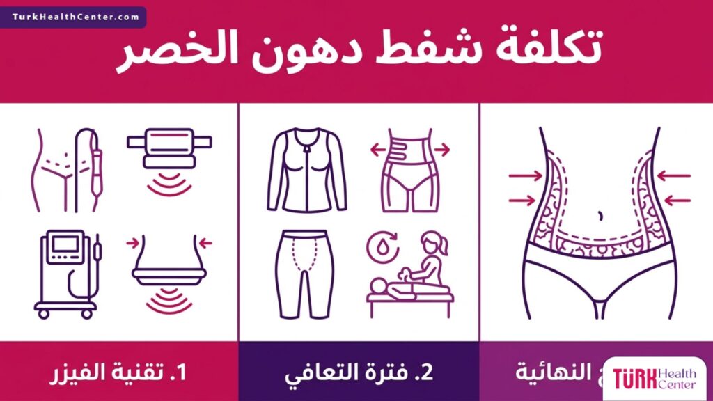 تصميم إنفوجرافيك تعليمي يستعرض الخطوات والتقنيات المرتبطة بتحديد تكلفة شفط دهون الخصر.
