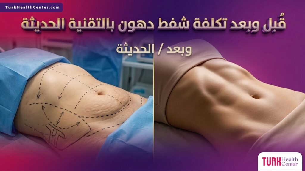مقارنة قبل وبعد توضح نتائج تحديد القوام المرتبطة بـ تكلفة شفط دهون بالتقنية الحديثة مع خطوط الجراحة الطبية.