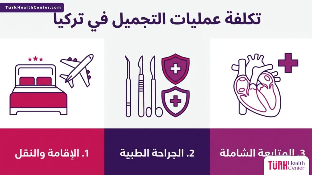 إنفوجرافيك يوضح الباقات الثلاث التي تشملها تكلفة عمليات التجميل في تركيا.
