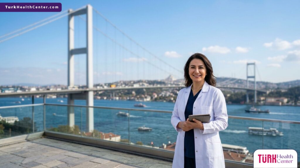 جراح سمنة محترف يقف أمام جسر البوسفور في اسطنبول، يمثل الوجهة الأفضل للباحثين عن تكلفة عملية الساسي في تركيا.