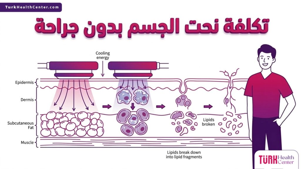رسم بياني طبي يوضح آلية تكسير الدهون للمساعدة في فهم تكلفة نحت الجسم بدون جراحة.