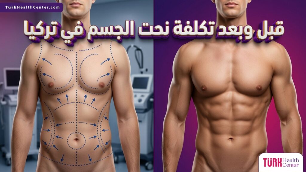 مقارنة قبل وبعد تظهر التغيرات المتوقعة عند البحث عن تكلفة نحت الجسم في تركيا مع خطوط الجراحة التجميلية.