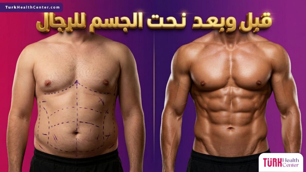 صورة مقسمة تظهر نتائج قبل وبعد تكلفة نحت الجسم للرجال وإبراز عضلات البطن.