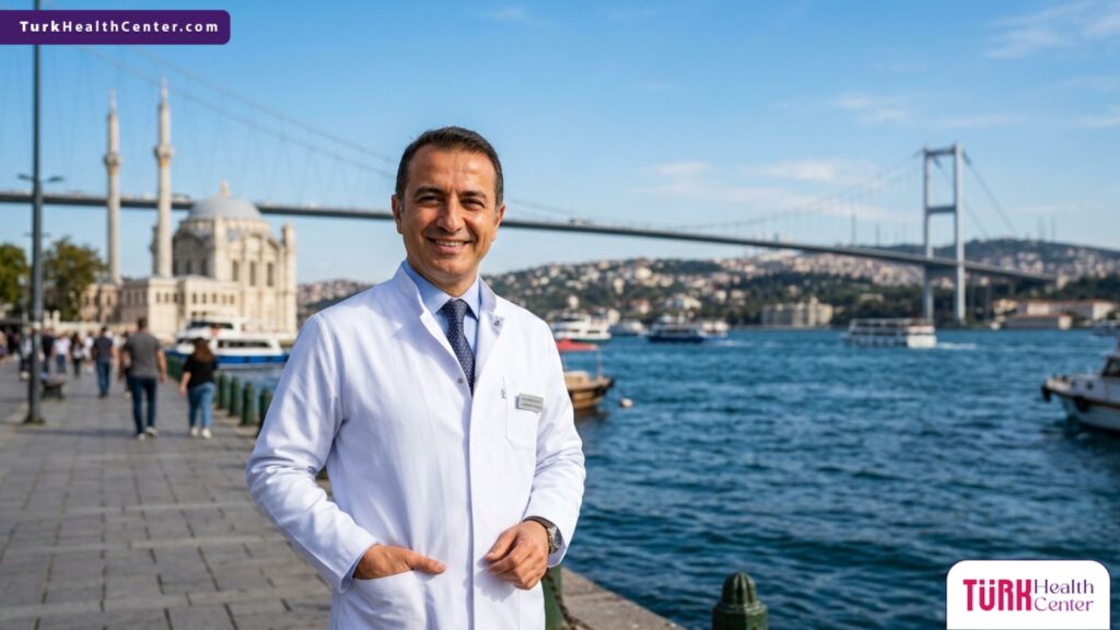 طبيب جراحة سمنة محترف يقف بثقة أمام جسر البوسفور، لتمثيل السياحة العلاجية وإجراء تكميم المعدة في تركيا.