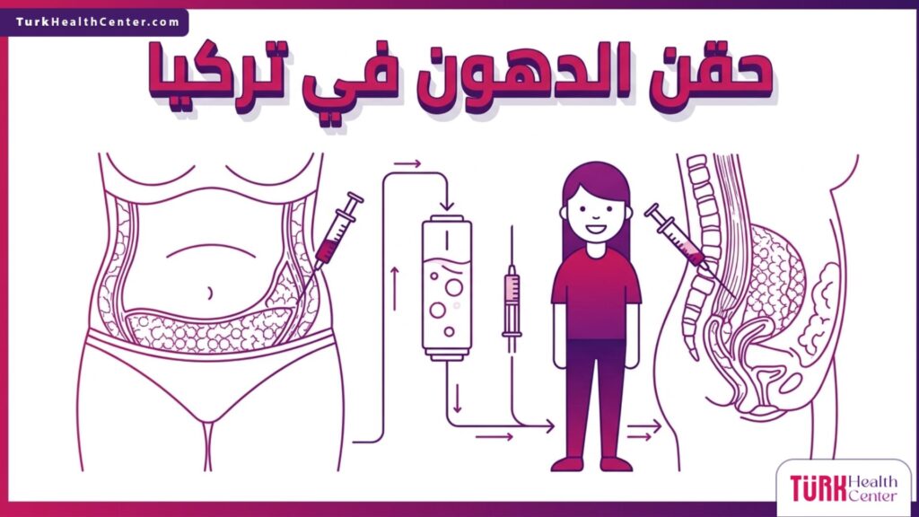 إنفوجرافيك تشريحي يوضح الآلية العلمية الدقيقة لعملية سحب وتصفية وإعادة حقن الدهون في تركيا.