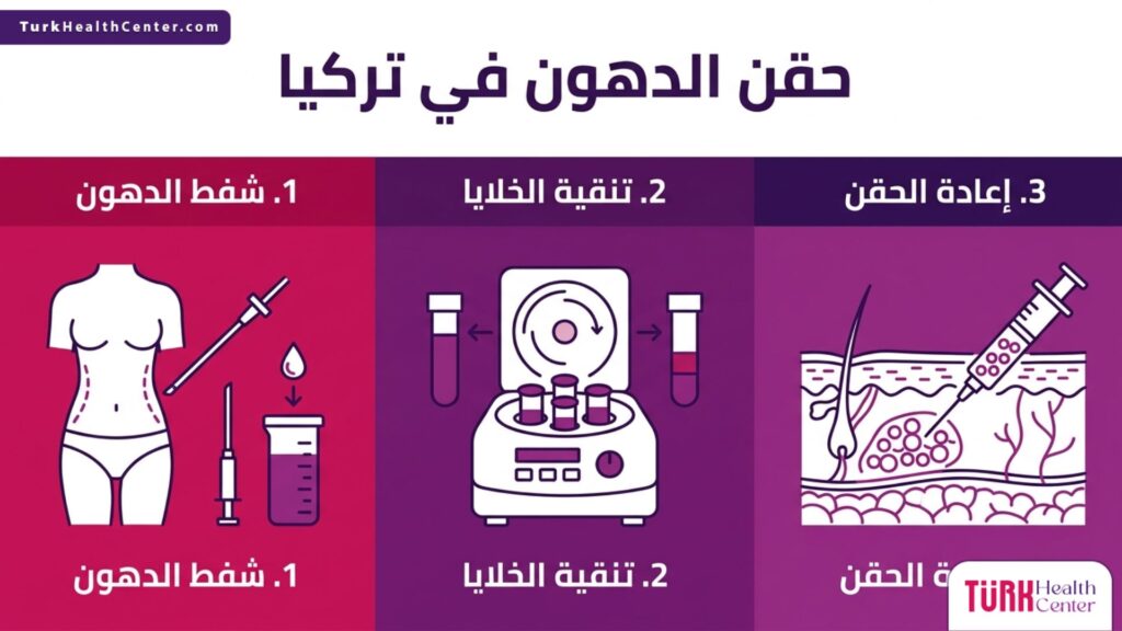 تصميم إنفوجرافيك مبسط يلخص خطوات استخلاص وتصفية وحقن الدهون في تركيا بثلاث مراحل أساسية.