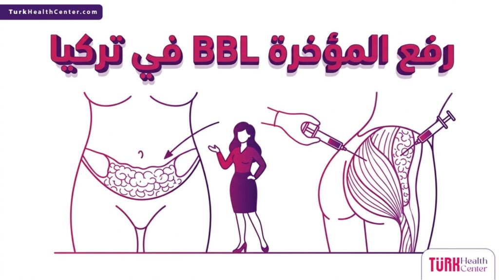 مخطط إنفوجرافيك تشريحي يوضح آلية توزيع الدهون في عملية رفع المؤخرة BBL في تركيا