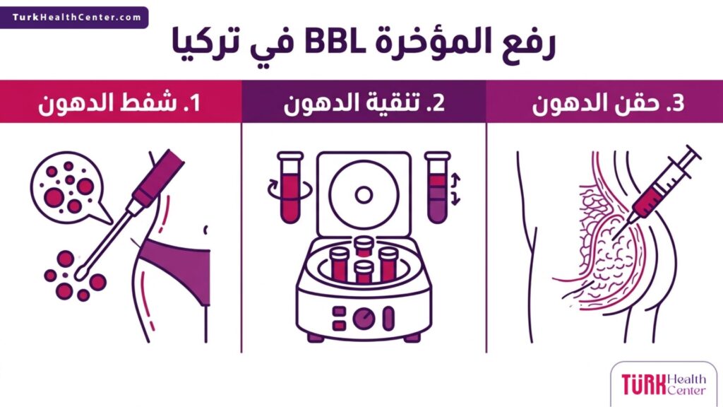 إنفوجرافيك طبي يوضح المراحل الثلاث الأساسية لعملية رفع المؤخرة BBL في تركيا