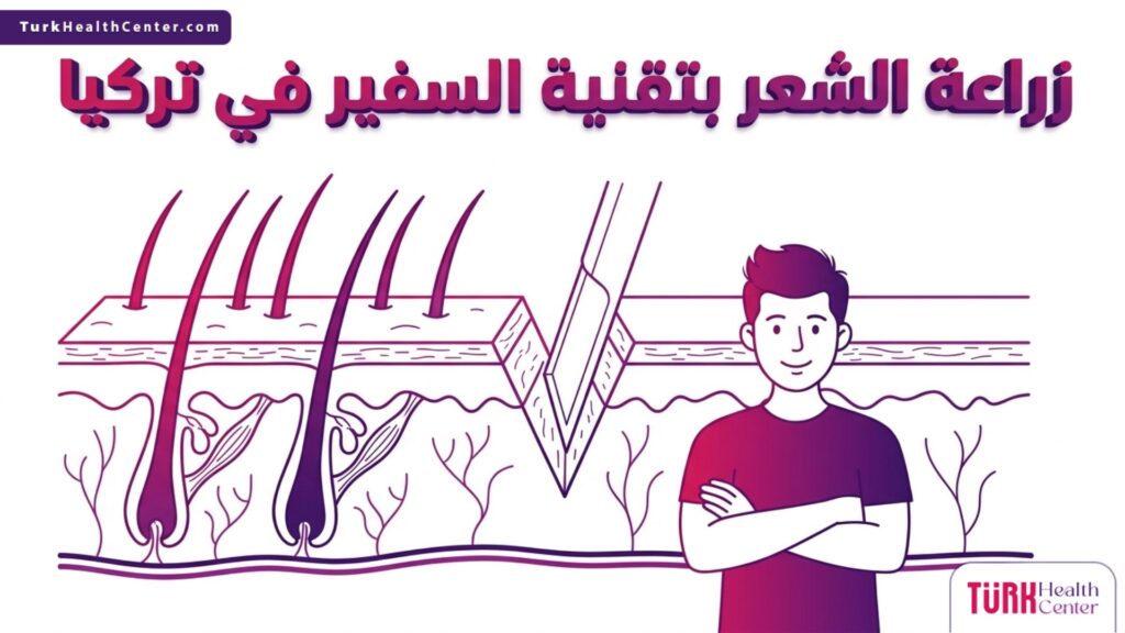 رسم بياني طبي يوضح التشريح الداخلي لفروة الرأس وآلية عمل زراعة الشعر بتقنية السفير في تركيا بدقة علمية.