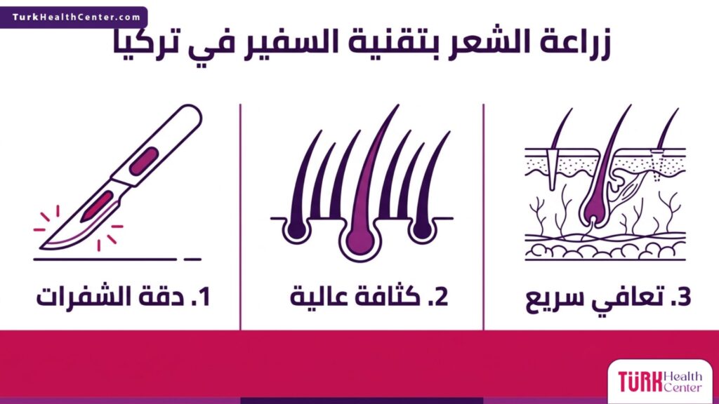 إنفوجرافيك تعليمي يسلط الضوء على مميزات زراعة الشعر بتقنية السفير في تركيا وخطواتها الطبية.