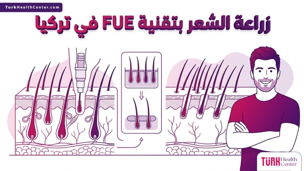 رسم توضيحي طبي يبين التشريح الداخلي لفروة الرأس وآلية اقتطاف وزرع البصيلات في عملية زراعة الشعر بتقنية FUE في تركيا.