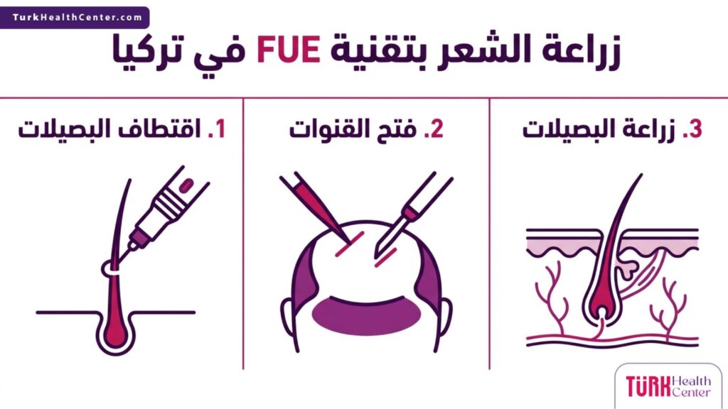 إنفوجرافيك طبي يشرح المراحل الثلاث الأساسية لعملية زراعة الشعر بتقنية FUE في تركيا بأسلوب علمي دقيق.