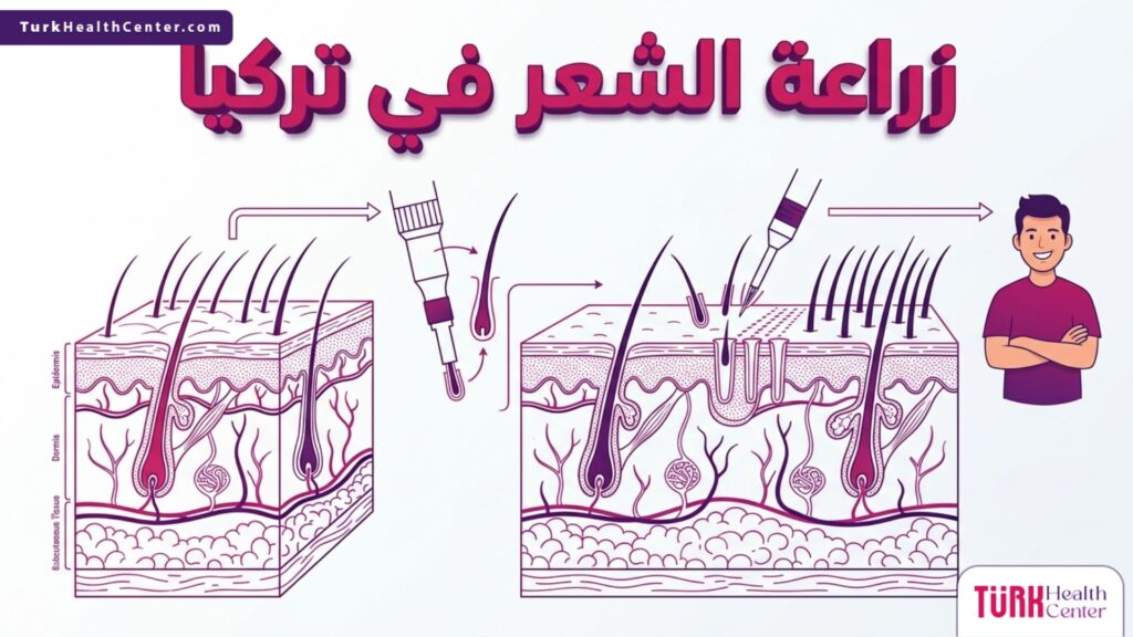 إنفوجرافيك تشريحي دقيق يوضح بنية فروة الرأس وبصيلات الشعر لعملية زراعة الشعر في تركيا