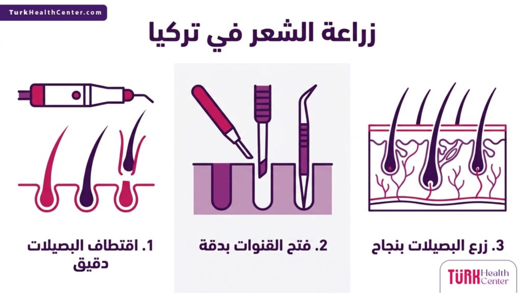 مخطط علمي يوضح خطوات زراعة الشعر في تركيا من الاقتطاف وفتح القنوات إلى الزراعة
