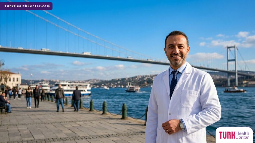 طبيب متخصص يقف أمام جسر البوسفور كوجهة رائدة لإجراء زراعة الشعر في تركيا