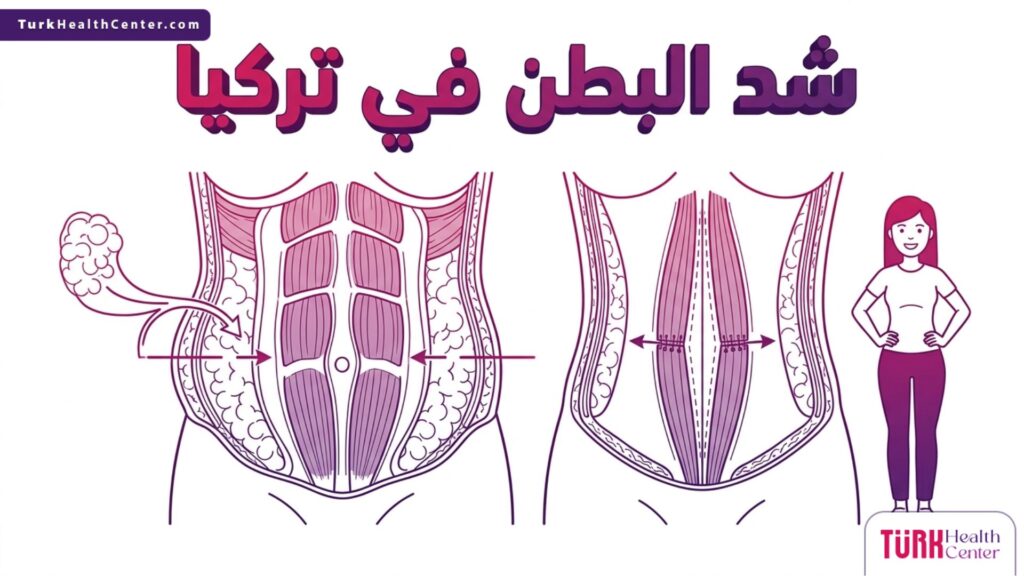 إنفوجرافيك طبي تشريحي يوضح التركيب الداخلي وكيفية إجراء شد البطن في تركيا