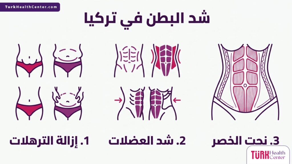 مخطط إنفوجرافيك يشرح الخطوات الثلاث الأساسية في عملية شد البطن في تركيا