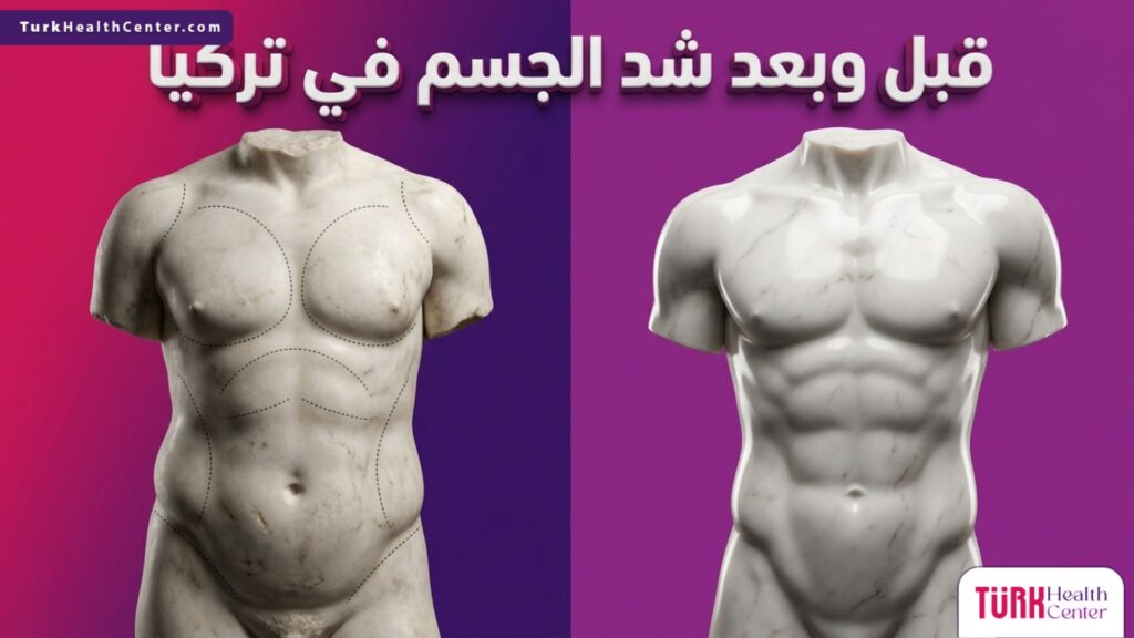 تصميم يوضح التحول قبل وبعد شد الجسم في تركيا باستخدام مجسمات رخامية فنية