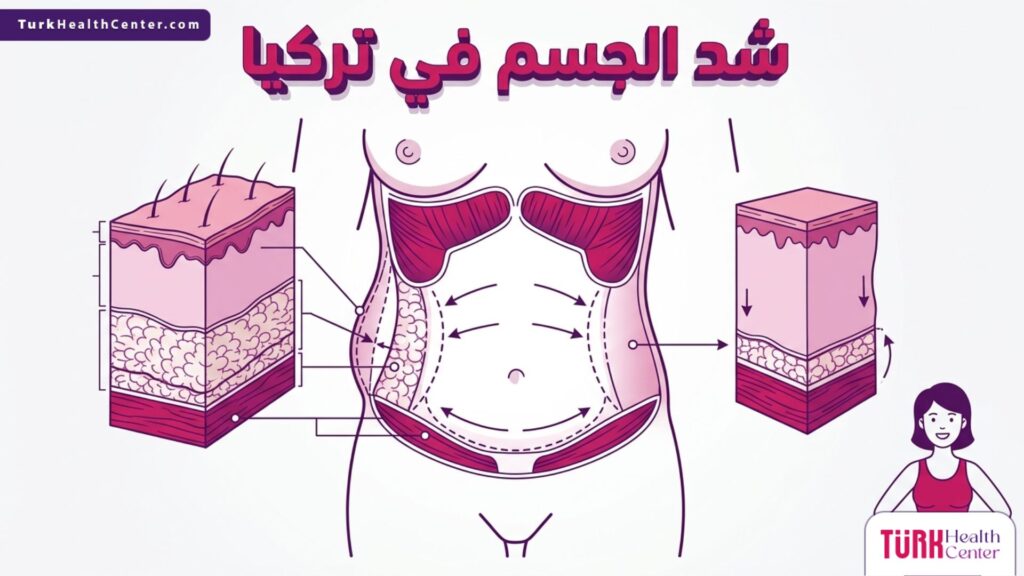 رسم توضيحي طبي يشرح طبقات الجلد والعضلات خلال عملية شد الجسم في تركيا