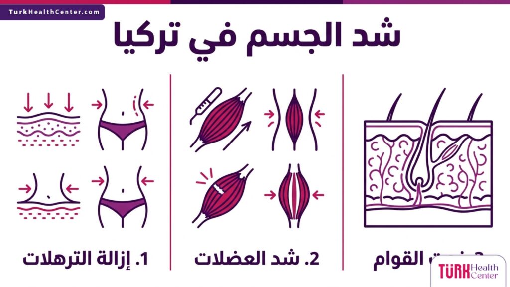 إنفوجرافيك طبي يوضح المراحل الثلاث الأساسية لإجراء شد الجسم في تركيا