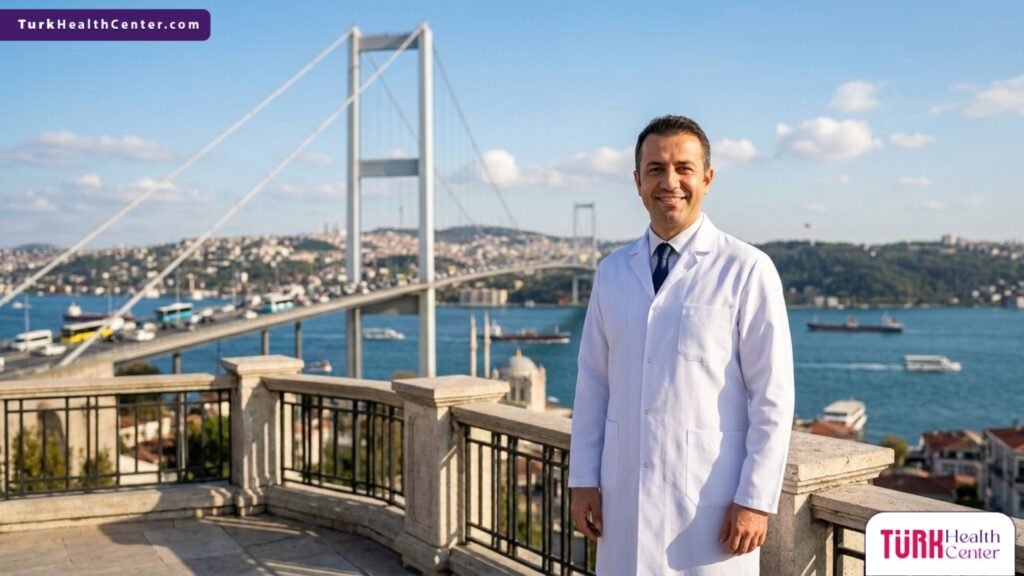 طبيب جراحة تجميل متخصص في شد الجسم في تركيا يقف أمام جسر البوسفور في إسطنبول
