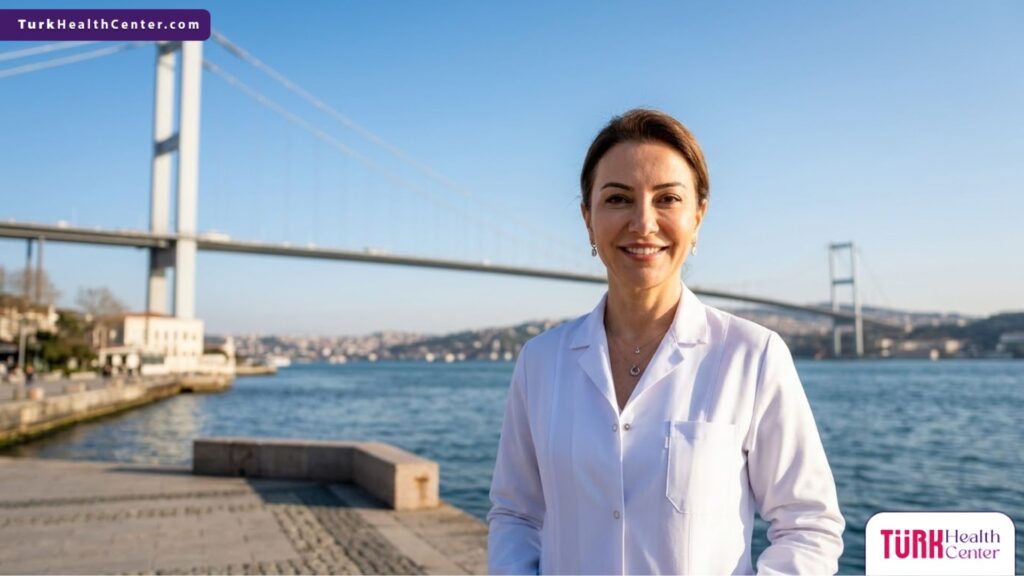 طبيب تجميل خبير ومتخصص في عمليات تجميل الرقبة في تركيا يقف بثقة أمام جسر البوسفور الشهير في اسطنبول.