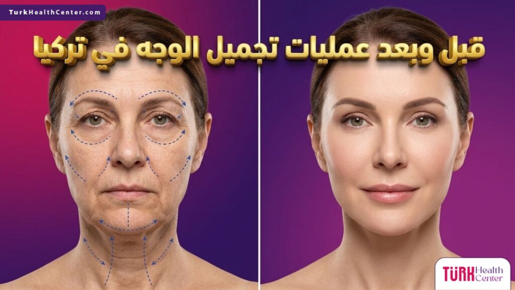 مقارنة واقعية تظهر شكل الوجه قبل وبعد عمليات تجميل الوجه في تركيا مع توضيح الخطوط الطبية والتطور المذهل للنتائج.