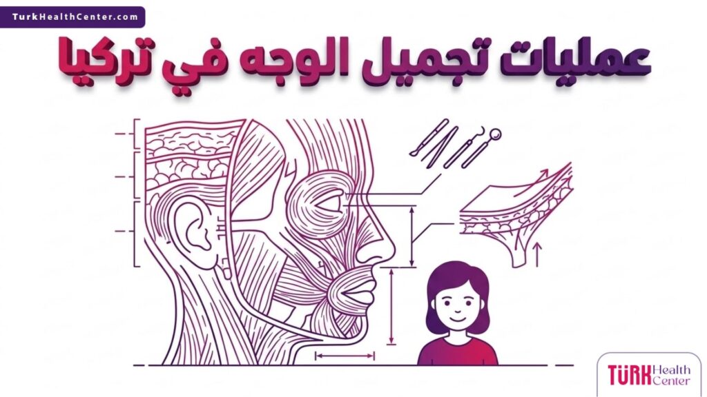 رسم بياني طبي يوضح التشريح الدقيق لطبقات الجلد والعضلات المرتبطة بإجراء عمليات تجميل الوجه في تركيا.