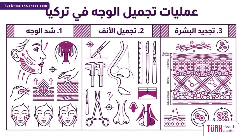إنفوجرافيك طبي تفصيلي يشرح الخطوات الثلاث الأساسية والتقنيات المستخدمة في عمليات تجميل الوجه في تركيا.
