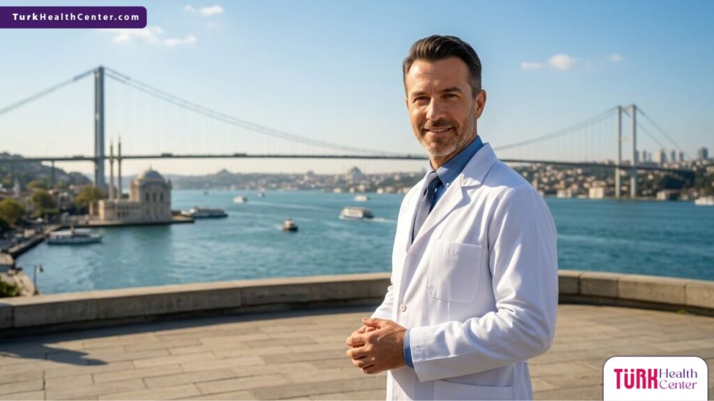 جراح تجميل محترف يقف بثقة أمام جسر البوسفور، ليمثل الريادة الطبية في عمليات تجميل الوجه في تركيا.