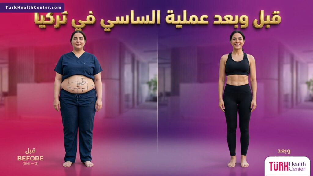 صورة مقسمة توضح شكل الجسم قبل وبعد عملية الساسي في تركيا مع توضيح مسار فقدان الوزن