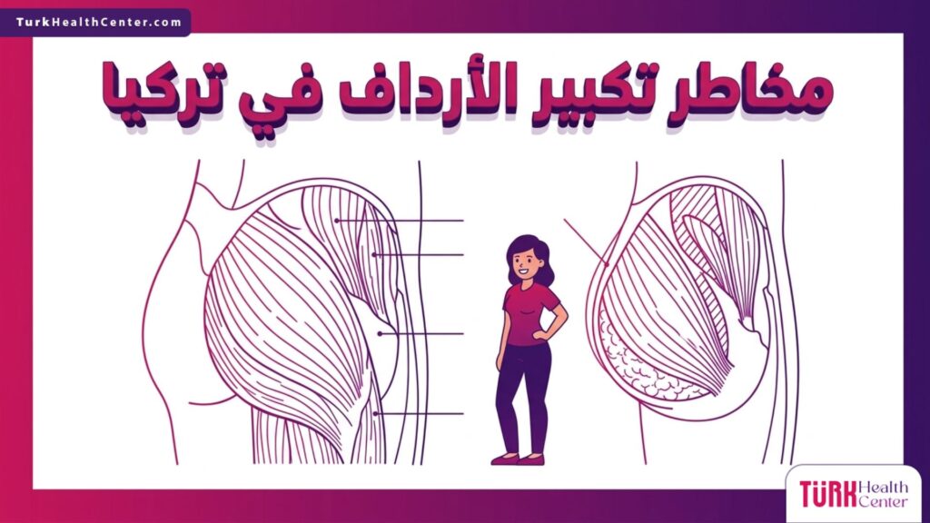 رسم تخطيطي طبي يوضح التشريح الداخلي لتجنب مخاطر تكبير الأرداف في تركيا