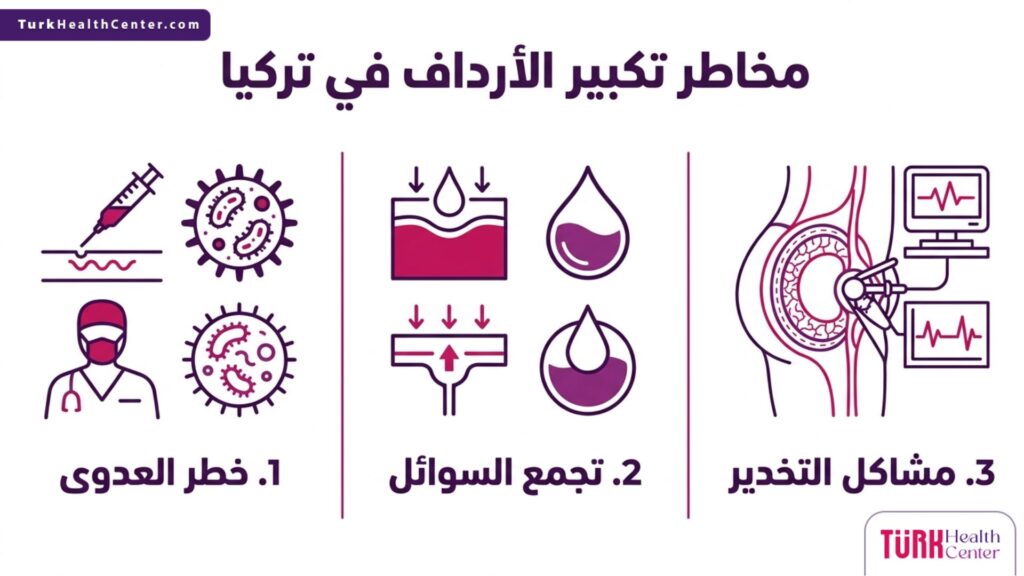 إنفوجرافيك طبي يوضح أبرز 3 نقاط حول مخاطر تكبير الأرداف في تركيا