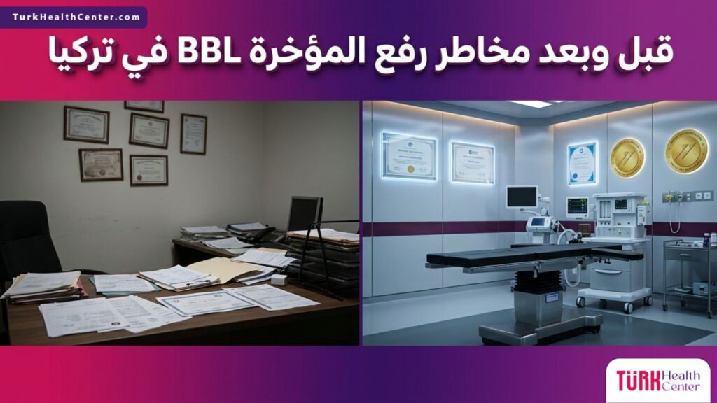 صورة مقسمة توضح الفرق بين المخاطر والأمان عند البحث عن مخاطر رفع المؤخرة BBL في تركيا.
