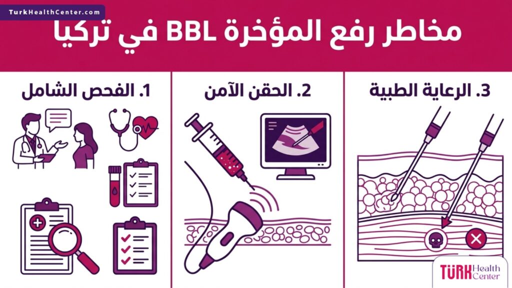إنفوجرافيك طبي تفصيلي يوضح كيفية الوقاية من مخاطر رفع المؤخرة BBL في تركيا عبر 3 خطوات أساسية.