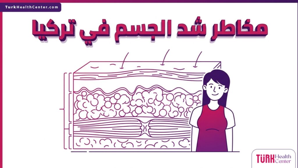 رسم بياني طبي يوضح تشريح طبقات الجلد والعضلات لفهم مخاطر شد الجسم في تركيا علمياً.