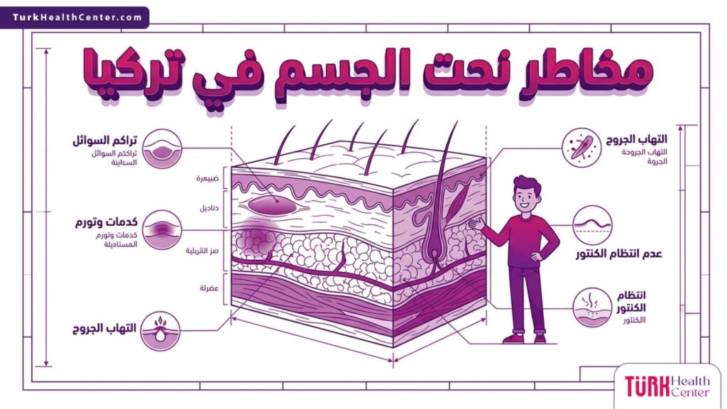 إنفوجرافيك تشريحي يوضح طبقات الدهون وكيفية تجنب مخاطر نحت الجسم في تركيا بأسلوب علمي.