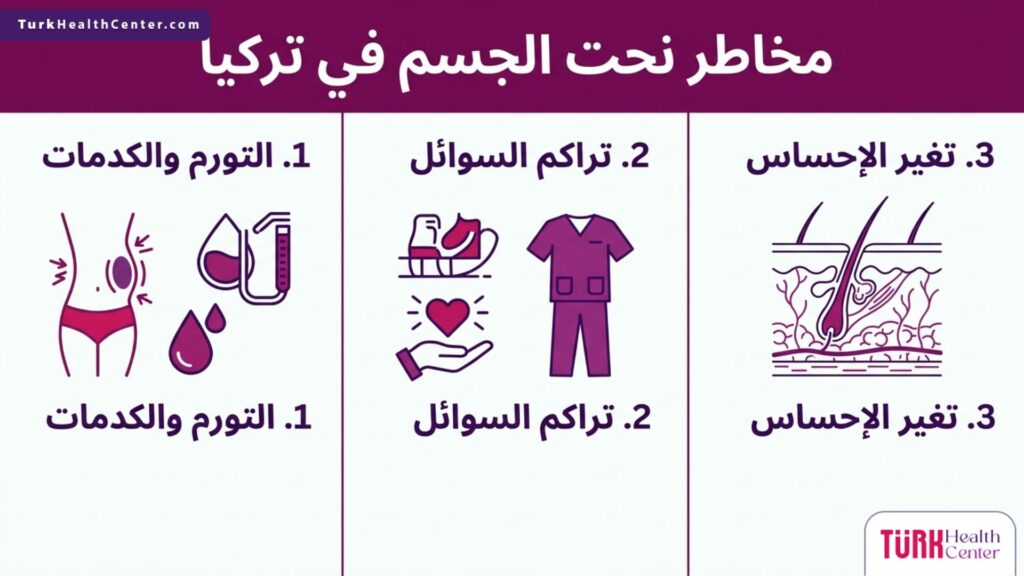 إنفوجرافيك طبي يبرز 3 نصائح علمية للوقاية من مخاطر نحت الجسم في تركيا وضمان التعافي.