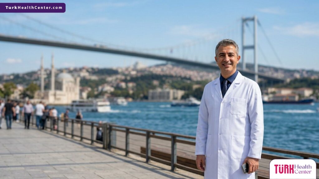 طبيب تجميل متخصص يقف أمام جسر البوسفور، لتقديم استشارات موثوقة حول مخاطر نحت الجسم في تركيا.