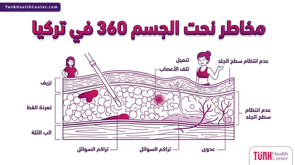 مخطط تشريحي دقيق يوضح طبقات الدهون والعضلات لفهم طبيعة مخاطر نحت الجسم 360 في تركيا وتجنبها.