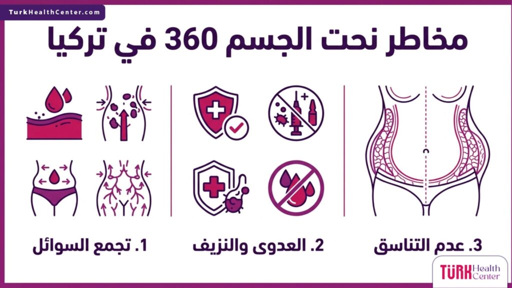 إنفوجرافيك طبي مقسم يشرح بالتفصيل أبرز ثلاث نقاط حول مخاطر نحت الجسم 360 في تركيا.