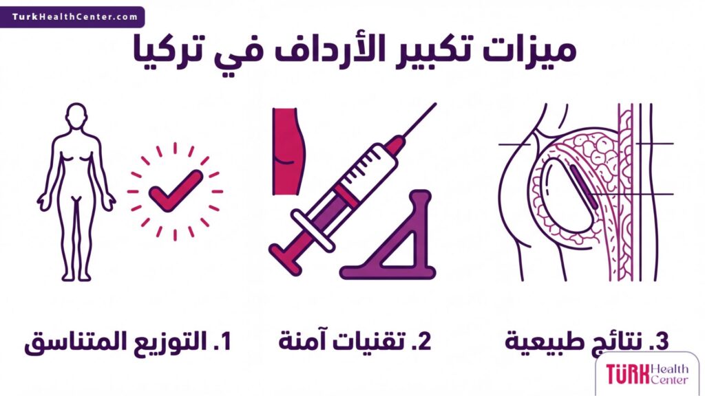 إنفوجرافيك طبي يوضح أهم ميزات تكبير الأرداف في تركيا عبر ثلاثة أقسام علمية مبسطة.