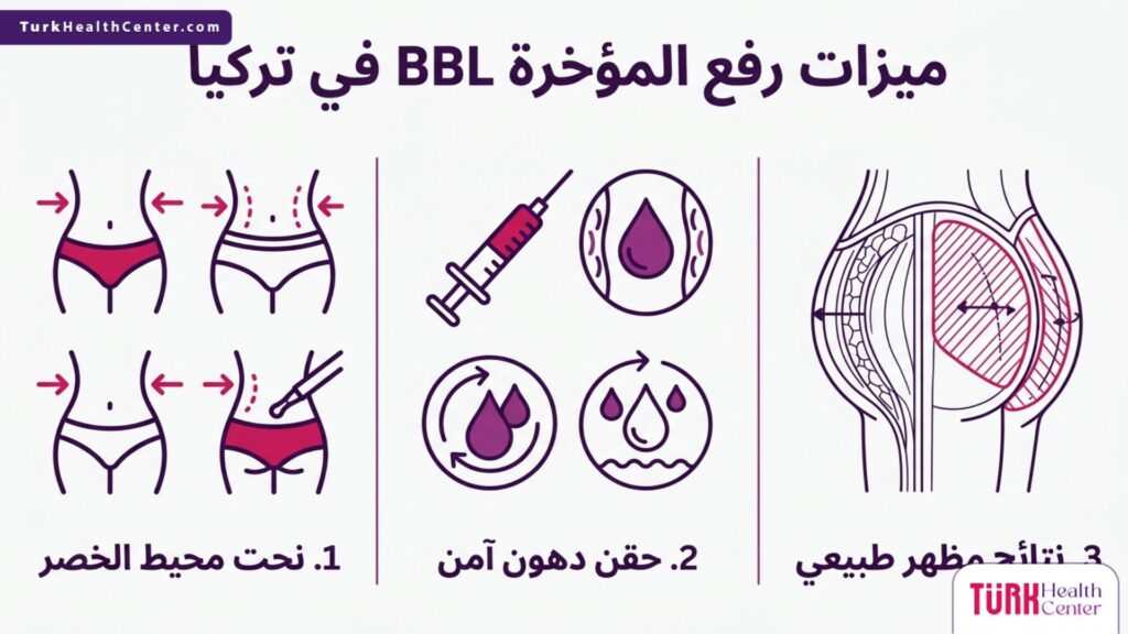 إنفوجرافيك تعليمي يسلط الضوء على 3 من أهم ميزات رفع المؤخرة BBL في تركيا