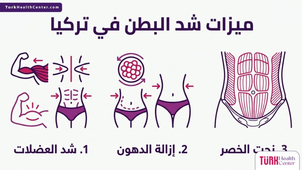 تصميم إنفوجرافيك مقسم يبرز أهم 3 ميزات لعملية شد البطن في تركيا.