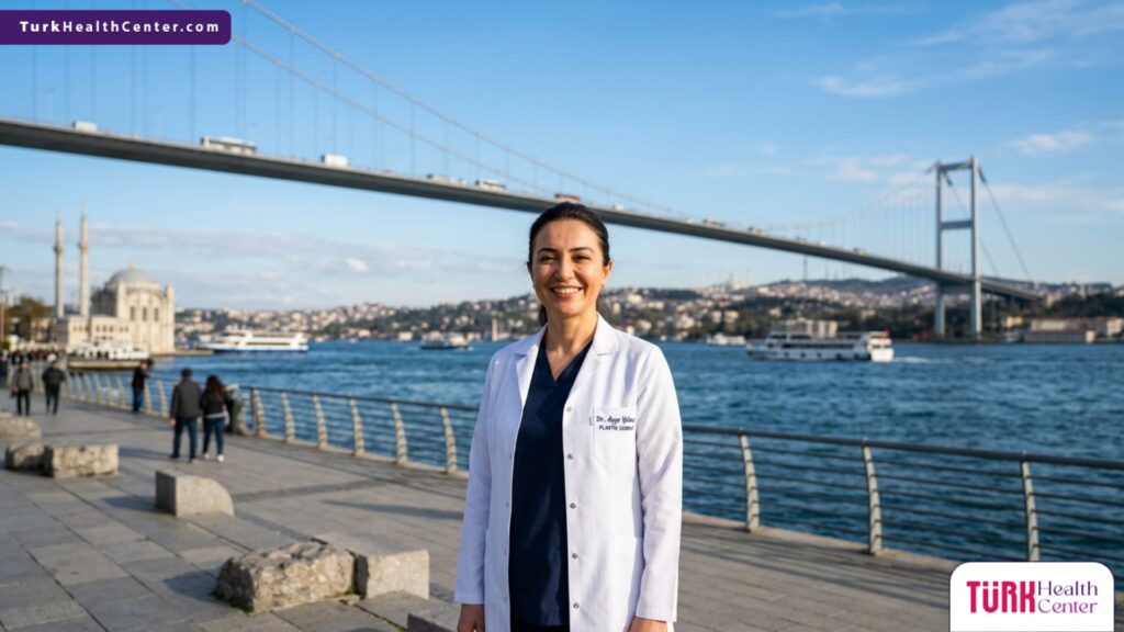 طبيب جراحة تجميلية يقف أمام جسر البوسفور، ليمثل الثقة والخبرة في تقديم ميزات شد البطن في تركيا.