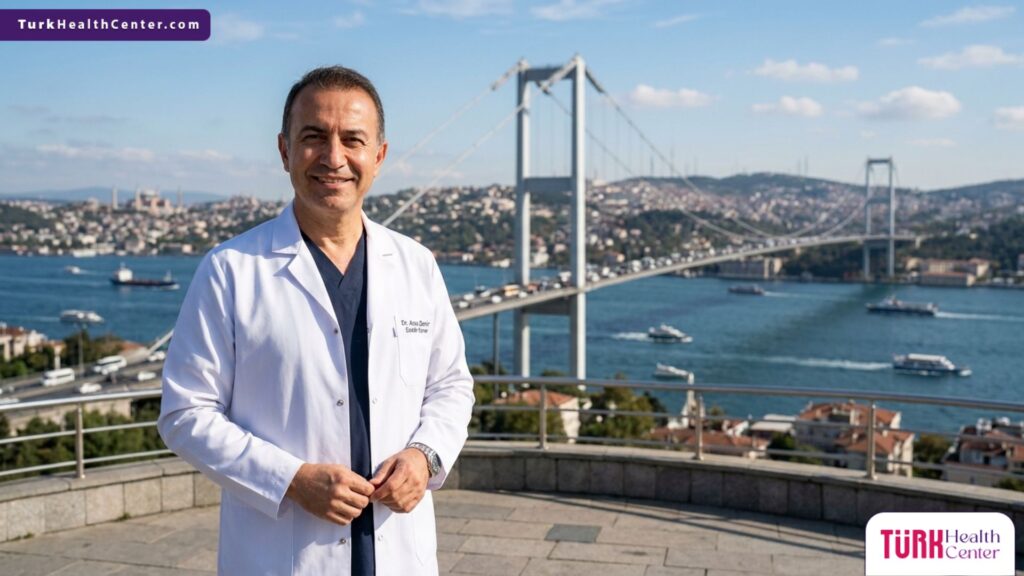 طبيب جراحة تجميلية محترف يقف أمام جسر البوسفور، ليمثل الرعاية الطبية الفائقة و ميزات شد الجسم في تركيا.