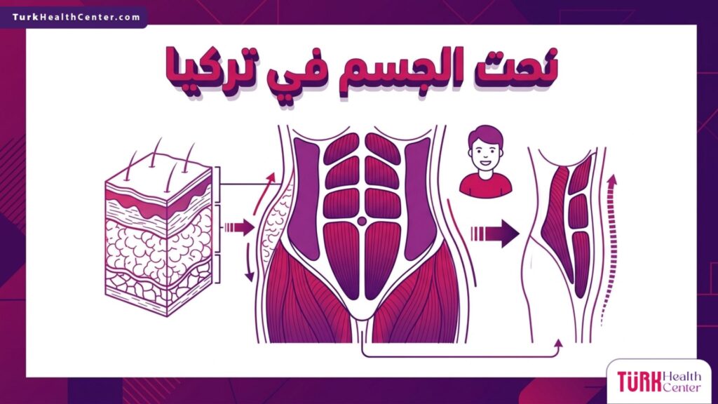 إنفوجرافيك طبي يوضح طبقات الدهون والعضلات المستهدفة خلال نحت الجسم في تركيا