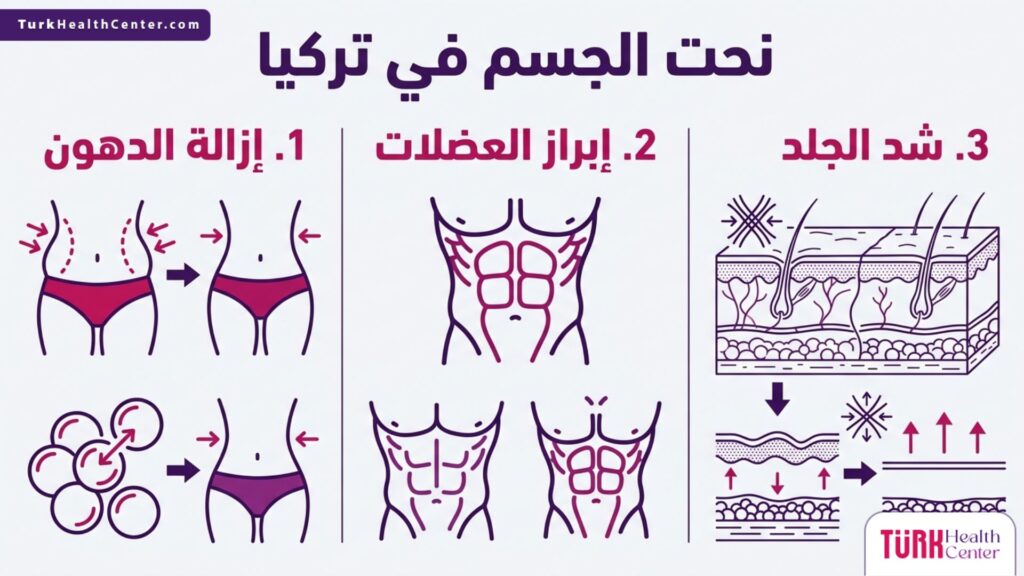 مخطط إنفوجرافيك يوضح الخطوات الثلاث الأساسية لعملية نحت الجسم في تركيا
