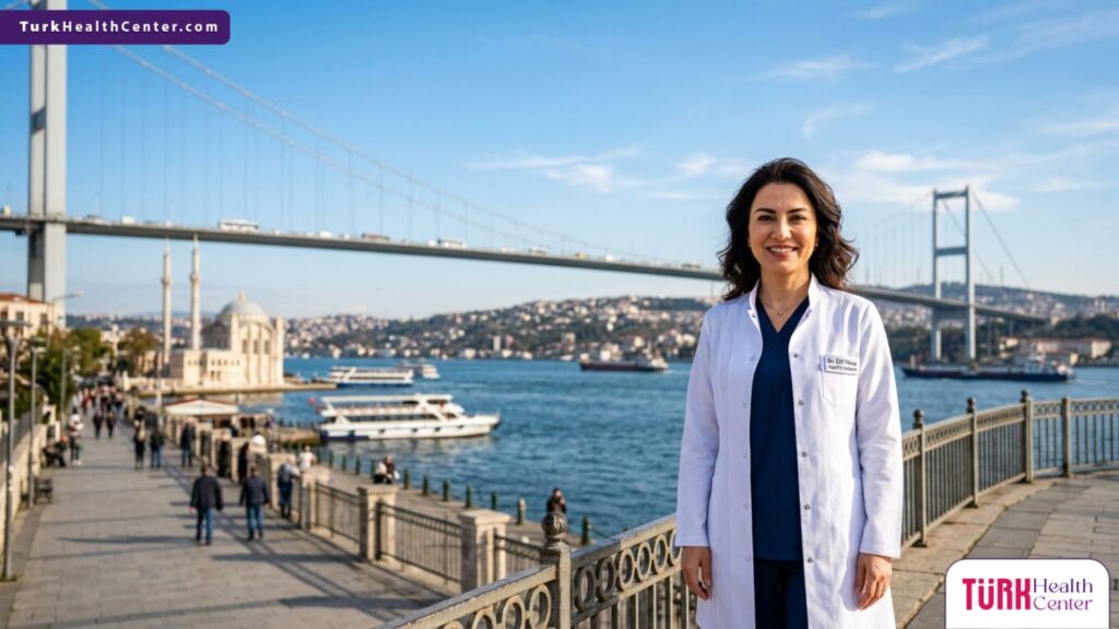 طبيب جراحة تجميل متخصص في نحت الجسم في تركيا يقف أمام جسر البوسفور في إسطنبول